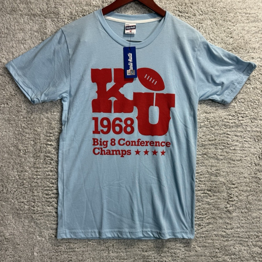 Charlie Hustle KU Jayhawks T-shirt Men SM Baby Blue Soft Vintage 1968 Champs NWT